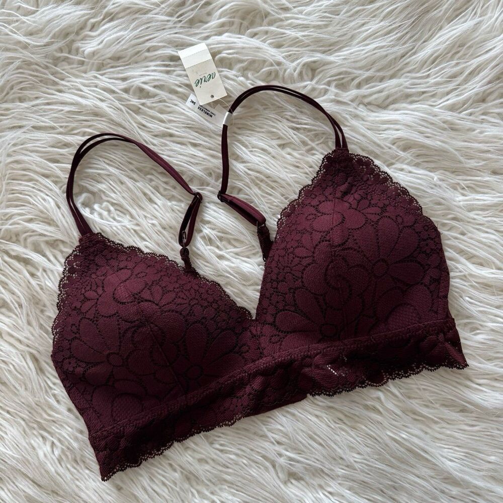 Aerie Real Happy Wireless Lightly Lined Candy Lace Bra Royal Berry Size 34C - Picture 3 of 11